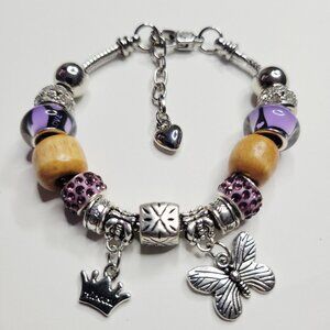 NWT Pandora Style Charm Bracelet Premium Purple Princess Crown Butterfly Sparkle